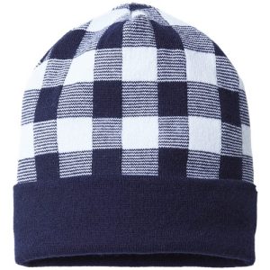 USA-Made Plaid Beanie - Navy/ White