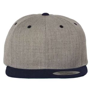 Premium Flat Bill Snapback Cap - Heather Grey/ Navy