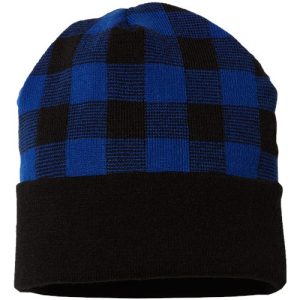 USA-Made Plaid Beanie - Black/ True Royal