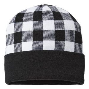 USA-Made Plaid Beanie - White/ Black