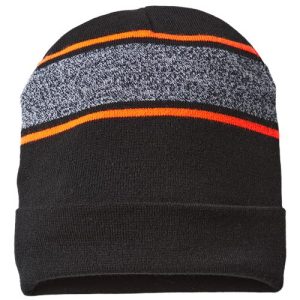 USA-Made Variegated Striped Cuffed Beanie - Black/ Neon Blaze