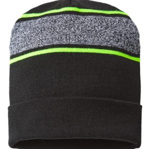 USA-Made Variegated Striped Cuffed Beanie - Black/ Neon Yellow