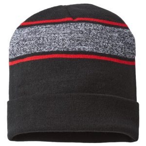 USA-Made Variegated Striped Cuffed Beanie - Black/ True Red