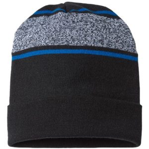 USA-Made Variegated Striped Cuffed Beanie - Black/ True Royal