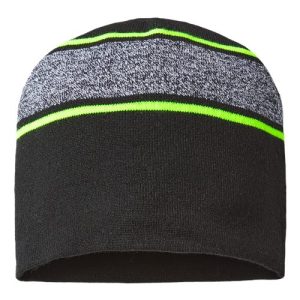 USA-Made Variegated Striped Beanie - Black/ Neon Yellow