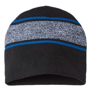 USA-Made Variegated Striped Beanie - Black/ True Royal