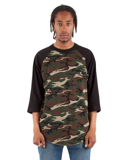 Unisex Three-Quarter Sleeve Camo Raglan T-Shirt